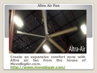 Create an expansive comfort zone with
Altra air fan from the house of
MoveBigAir.com.
http://www.movebigair.com/
Altra Air Fan
 