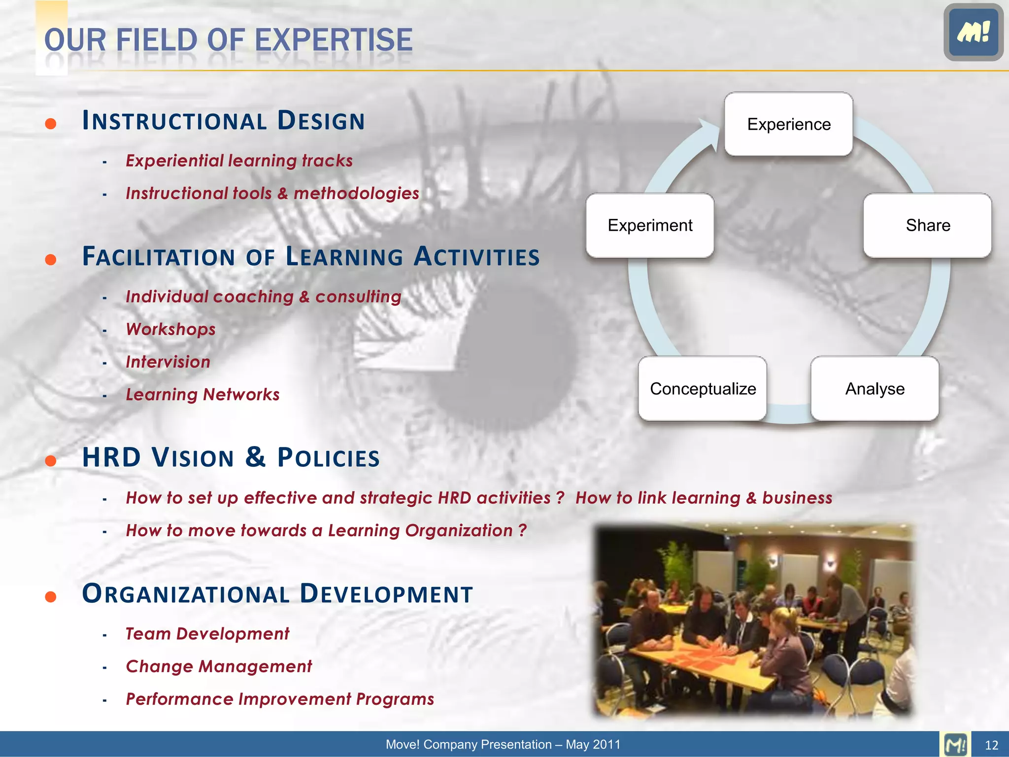OUR FIELD OF EXPERTISE                                                                                                    M!


   I NSTRUCTIONAL D ESIGN                                                                 Experience

        Experiential learning tracks
        Instructional tools & methodologies
                                                                          Experiment                              Share

   FACILITATION OF L EARNING A CTIVITIES
        Individual coaching & consulting
        Workshops
        Intervision
        Learning Networks                                                      Conceptualize           Analyse



   HRD V ISION & P OLICIES
        How to set up effective and strategic HRD activities ? How to link learning & business
        How to move towards a Learning Organization ?


   O RGANIZATIONAL D EVELOPMENT
        Team Development
        Change Management
        Performance Improvement Programs

                                        Move! Company Presentation – May 2011                                              12
 