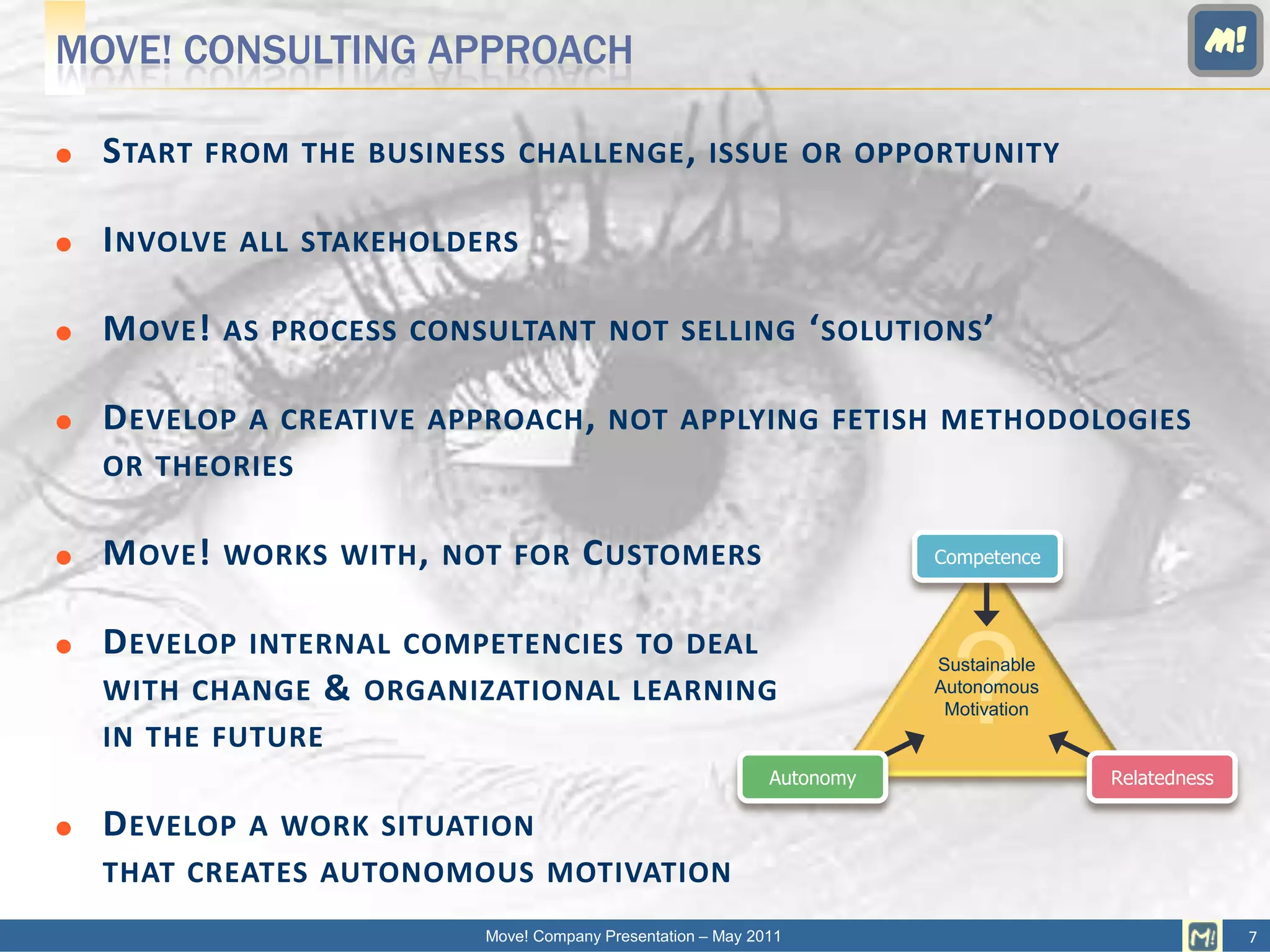 MOVE! CONSULTING APPROACH                                                                        M!


   S TART FROM THE BUSINESS CHALLENGE , ISSUE OR OPPORTUNITY

   I NVOLVE ALL STAKEHOLDERS

   M OVE ! AS PROCESS CONSULTANT NOT SELLING ‘ SOLUTIONS ’

   D EVELOP A CREATIVE APPROACH , NOT APPLYING FETISH METHODOLOGIES
    OR THEORIES

   M OVE ! WORKS WITH , NOT FOR C USTOMERS                              Competence



    D EVELOP INTERNAL COMPETENCIES TO DEAL
                                                                          ?

                                                                         Sustainable
    WITH CHANGE & ORGANIZATIONAL LEARNING                                Autonomous
                                                                          Motivation
    IN THE FUTURE
                                                              Autonomy                 Relatedness

   D EVELOP A WORK SITUATION
    THAT CREATES AUTONOMOUS MOTIVATION
                           Move! Company Presentation – May 2011                                      7
 