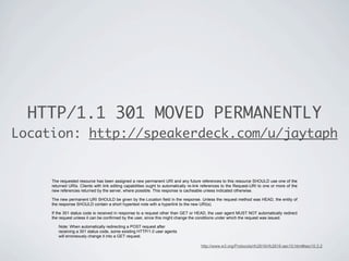 HTTP/1.1 301 MOVED PERMANENTLY
Location: http://speakerdeck.com/u/jaytaph


     The requested resource has been assigned a new permanent URI and any future references to this resource SHOULD use one of the
     returned URIs. Clients with link editing capabilities ought to automatically re-link references to the Request-URI to one or more of the
     new references returned by the server, where possible. This response is cacheable unless indicated otherwise.

     The new permanent URI SHOULD be given by the Location field in the response. Unless the request method was HEAD, the entity of
     the response SHOULD contain a short hypertext note with a hyperlink to the new URI(s).

     If the 301 status code is received in response to a request other than GET or HEAD, the user agent MUST NOT automatically redirect
     the request unless it can be confirmed by the user, since this might change the conditions under which the request was issued.

        Note: When automatically redirecting a POST request after
        receiving a 301 status code, some existing HTTP/1.0 user agents
        will erroneously change it into a GET request.

                                                                                       http://www.w3.org/Protocols/rfc2616/rfc2616-sec10.html#sec10.3.2
 