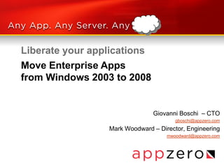 Liberate your applications
Giovanni Boschi – CTO
gboschi@appzero.com
Mark Woodward – Director, Engineering
mwoodward@appzero.com
Move Enterprise Apps
from Windows 2003 to 2008
 