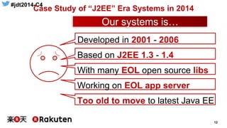 #jdt2014-C4
12
Case Study of “J2EE” Era Systems in 2014
Developed in 2001 - 2006
Our systems is…
Based on J2EE 1.3 - 1.4
With many EOL open source libs
Working on EOL app server
Too old to move to latest Java EE
 