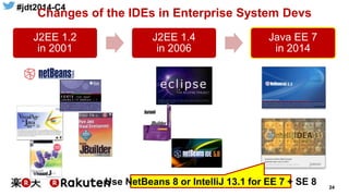 #jdt2014-C4
24
J2EE 1.2
in 2001
J2EE 1.4
in 2006
Java EE 7
in 2014
Changes of the IDEs in Enterprise System Devs
Use NetBeans 8 or IntelliJ 13.1 for EE 7 + SE 8
 