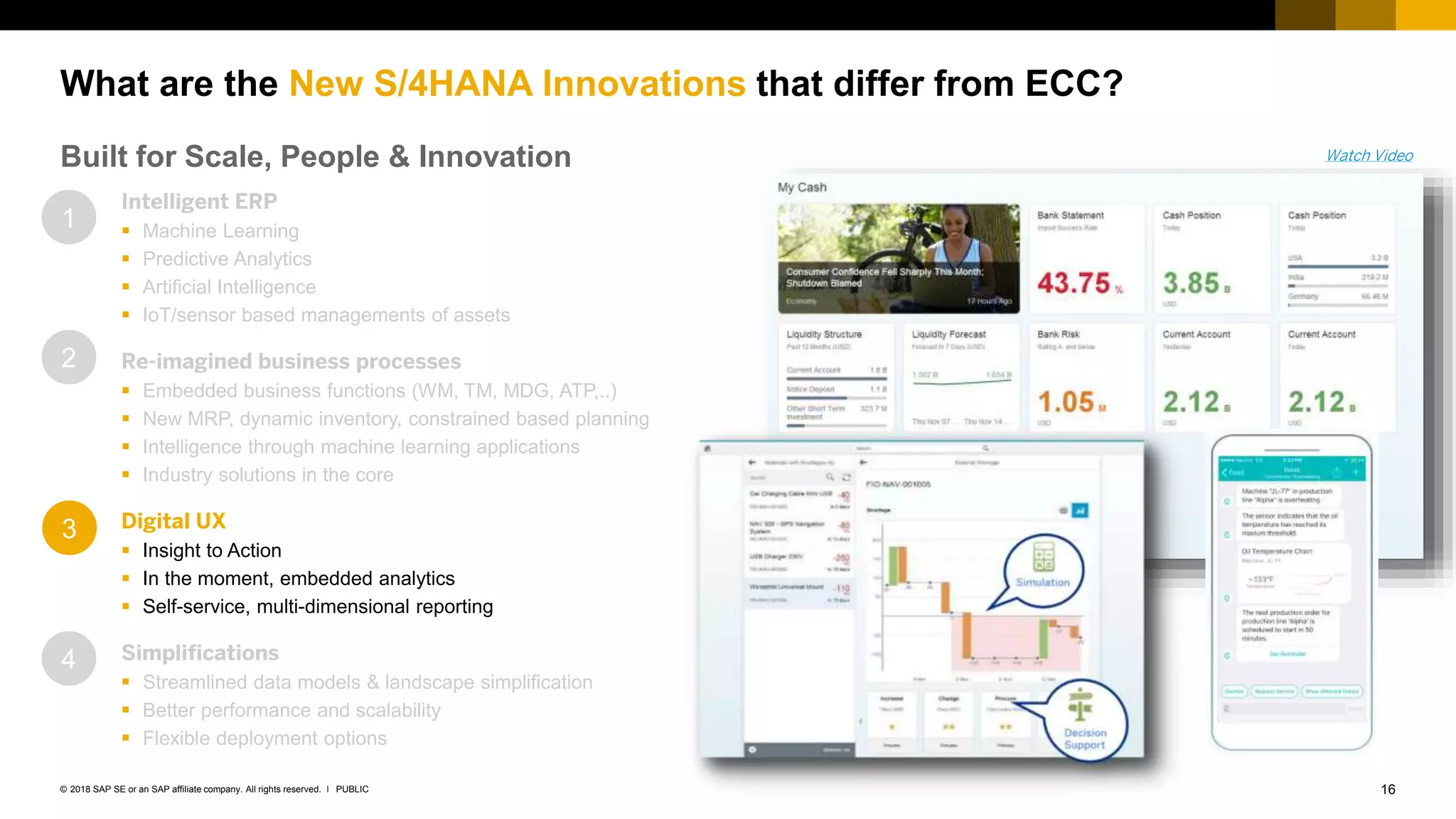 16PUBLIC© 2018 SAP SE or an SAP affiliate company. All rights reserved. ǀ
Intelligent ERP
 Machine Learning
 Predictive Analytics
 Artificial Intelligence
 IoT/sensor based managements of assets
Re-imagined business processes
 Embedded business functions (WM, TM, MDG, ATP,..)
 New MRP, dynamic inventory, constrained based planning
 Intelligence through machine learning applications
 Industry solutions in the core
Digital UX
 Insight to Action
 In the moment, embedded analytics
 Self-service, multi-dimensional reporting
Simplifications
 Streamlined data models & landscape simplification
 Better performance and scalability
 Flexible deployment options
What are the New S/4HANA Innovations that differ from ECC?
Watch VideoBuilt for Scale, People & Innovation
4
3
2
1
 