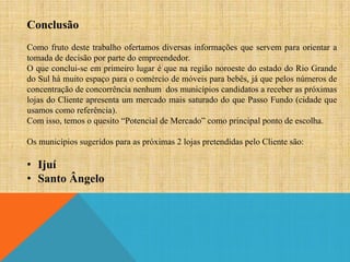 Conclusão
Como fruto deste trabalho ofertamos diversas informações que servem para orientar a
tomada de decisão por parte do empreendedor.
O que conclui-se em primeiro lugar é que na região noroeste do estado do Rio Grande
do Sul há muito espaço para o comércio de móveis para bebês, já que pelos números de
concentração de concorrência nenhum dos municípios candidatos a receber as próximas
lojas do Cliente apresenta um mercado mais saturado do que Passo Fundo (cidade que
usamos como referência).
Com isso, temos o quesito “Potencial de Mercado” como principal ponto de escolha.
Os municípios sugeridos para as próximas 2 lojas pretendidas pelo Cliente são:

• Ijuí
• Santo Ângelo

 