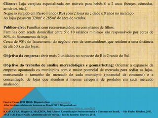 Cliente: Loja varejista especializada em móveis para bebês 0 a 2 anos (berços, cômodas,
armários, etc.).
Negócio surgido em Passo Fundo (RS) com 2 lojas na cidade e 8 anos no mercado.
As lojas possuem 320m² e 285m² de área de vendas.
Público-alvo: Famílias com recém-nascidos, ou com planos de filhos.
Famílias com renda domiciliar entre 5 e 10 salários mínimos são responsáveis por cerca de
80% do faturamento da loja.
Cerca de 90% do faturamento do negócio vem de consumidores que residem a uma distância
de até 50 km das lojas.
Objetivo da empresa: abrir mais 2 unidades no noroeste do Rio Grande do Sul.
Objetivo do trabalho de análise mercadológica e geomarketing: Orientar a expansão da
empresa apontando os municípios com o maior potencial de mercado para sediar as lojas,
mensurando o tamanho do mercado de cada município (potencial de consumo) e a
concentração de lojas que atendem à mesma categoria de produtos em cada mercado
analisado.

Fontes: Censo 2010 IBGE. Disponível em: www.ibge.com.br
Atlas do desenvolvimento humano no Brasil 2013. Disponível em:
http://www.pnud.org.br/IDH/Atlas2013.aspx?indiceAccordion=1&li=li_Atlas2013
KAMAKURA, Wagner A. MAZZON, José Afonso. Estratificação Socioeconômica e Consumo no Brasil. – São Paulo: Blucher, 2013.
MATTAR, Fauze Najib. Administração de Varejo. - Rio de Janeiro: Elsevier, 2011.

 