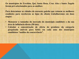 Os municípios de Erechim, Ijuí, Santa Rosa, Cruz Alta e Santo Ângelo
foram pré-selecionados para as análises
Para determinar as cidades do noroeste gaúcho que reúnem as melhores
condições para receberem as lojas do cliente trabalharemos em duas
etapas:

• Mensurar o tamanho do mercado do município candidato e da sua
área de influência direta (50 km);
• Calcular a concentração de oferta de produtos da categoria
pesquisada (móveis para bebê) em cada uma dos municípios
candidatos “análise da concorrência”.

 