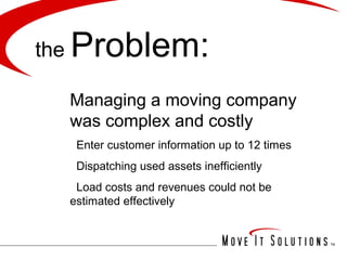 the   Problem:
      Managing a moving company
      was complex and costly
       Enter customer information up to 12 times
       Dispatching used assets inefficiently
       Load costs and revenues could not be
      estimated effectively
 