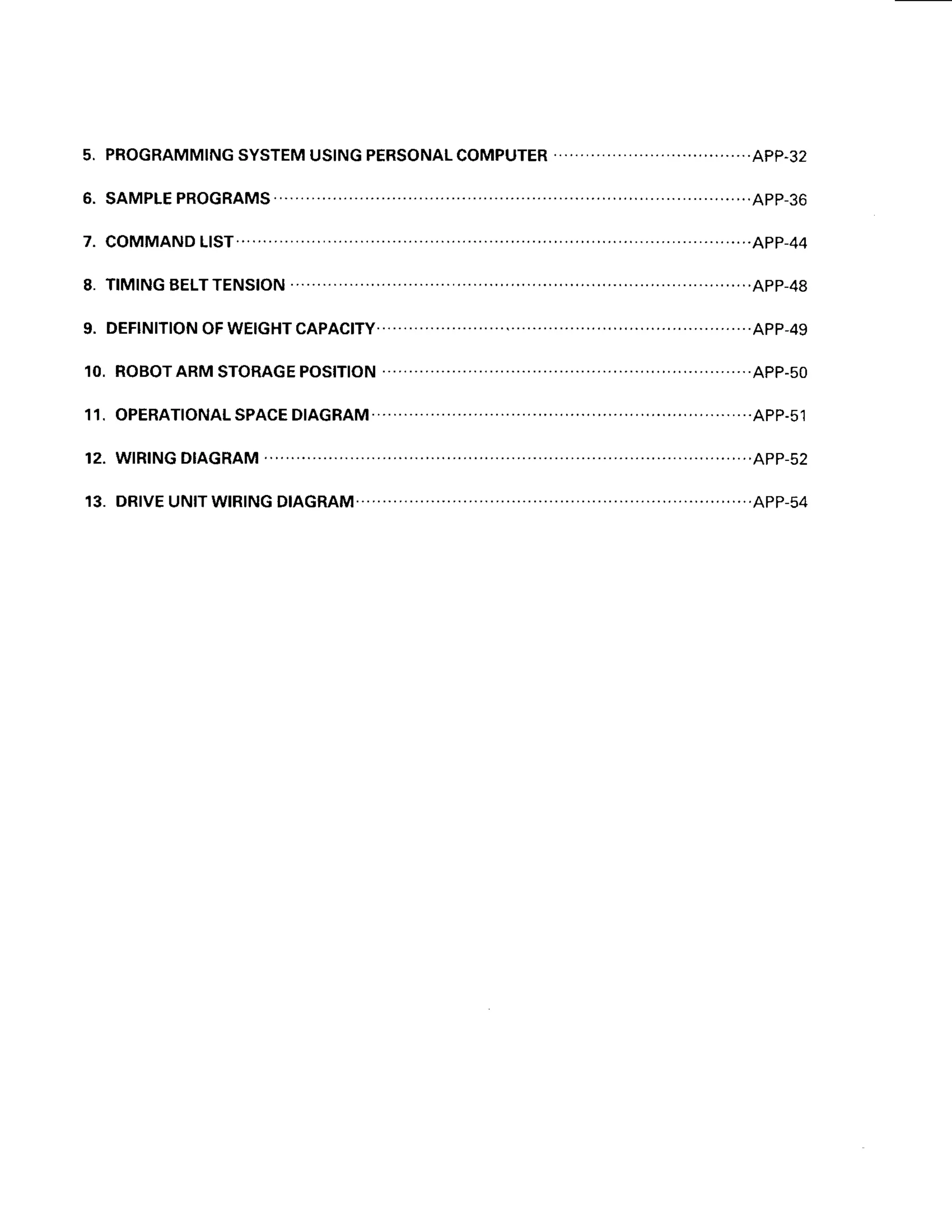 5. PROGRAMMING
SYSTEM
USING
PERSONALCOMPUTER ..."".......APP-32
5. SAMPLE
PROGRAMS.... ...............App-36
7 . C O M M A N D 1 | S T . . . . . . .
. . . . . . . . . . . . . . . . . A p p - 4 4
8. TIM|NG
BELTTENSTON .......
.....'..
App-48
9 . D E F I N I T I O N O F W E I G H T C A P A C | T Y . . . . . . . . . . . . . . . . . . . . . A p p - 4 9
10.ROBOTARMSTORAGEPOS|T|ON...
........... .....App-50
11.OPERAT|ONALSPACED|AGRAM.
.............. .......App-51
1 2 .W | R | N G D I A G R A M . . . . . . . . . . . . . . . . . .
. . A p p - 5 2
1 3 .D R | V E U N | T W t R t N G D | A G R A M . . . . . . . . . . . . . . . . . . . ' . . . . . . A p p - 5 4
 