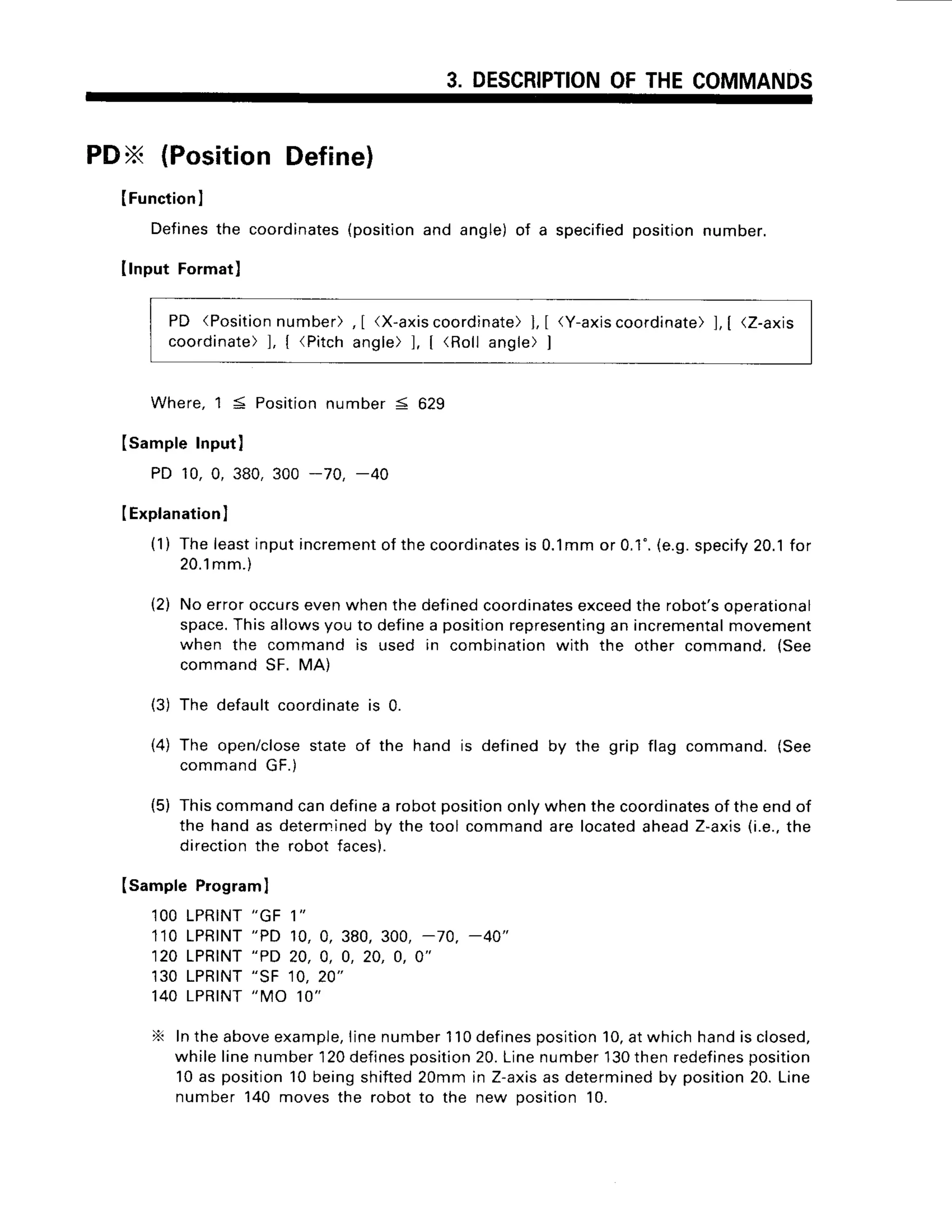 3. DESCRIPTION
OFTHECOMMANDS
PDX (PositionDefine)
IFunction
I
Defines
the coordinates
(position
andangle)
of a specified
position
number.
IlnputFormat)
PD (Position
number), [ (X-axis
coordinate)
], [ (Y-axis
coordinate)
], [ (Z-axis
coordinate)
l, { (Pitchangle)l, [<Roll angle)]
Where,1 S Positionnumber S 629
(sample Inputl
PD 10,0, 380,300 -70, -40
IExplanation
I
(1) Theleastinputincrement
of thecoordinates
is 0.1mmor 0.1'.(e.g.specify
20.1for
20.1mm.)
(2) No erroroccurs
evenwhenthedefined
coordinates
exceed
the robot'soperational
space.
Thisallowsyouto definea position
representing
an incremental
movement
when the command is used in combinationwith the other command.(See
commandSF. MA)
(3) The defaultcoordinate
is 0.
(4) The open/close
stateof the hand is definedby the grip flag command.(See
commandGF.)
(5) Thiscommand
candefinea robotposition
onlywhenthecoordinates
of theendof
the handas deterrnined
by the tool commandare located
aheadZ-axis(i.e.,
the
directionthe robot faces).
(samplePrograml
1OO
LPRINT
"GF 1"
110 LPRTNT
"PD 10,0, 380,300,-70, -40"
120 LPRTNT
"PD 20, O,0, 20, A, O"
130LPRINT
"SF 10,20"
140LPRINT
"MO 10"
X Intheaboveexample,
linenumber110defines
position
10,atwhichhandisclosed,
whilelinenumber120defines
position
20.Linenumber130thenredefines
position
10as position10beingshifted20mmin Z-axis
as determined
by position
20.Line
number140 movesthe robotto the new position10.
 