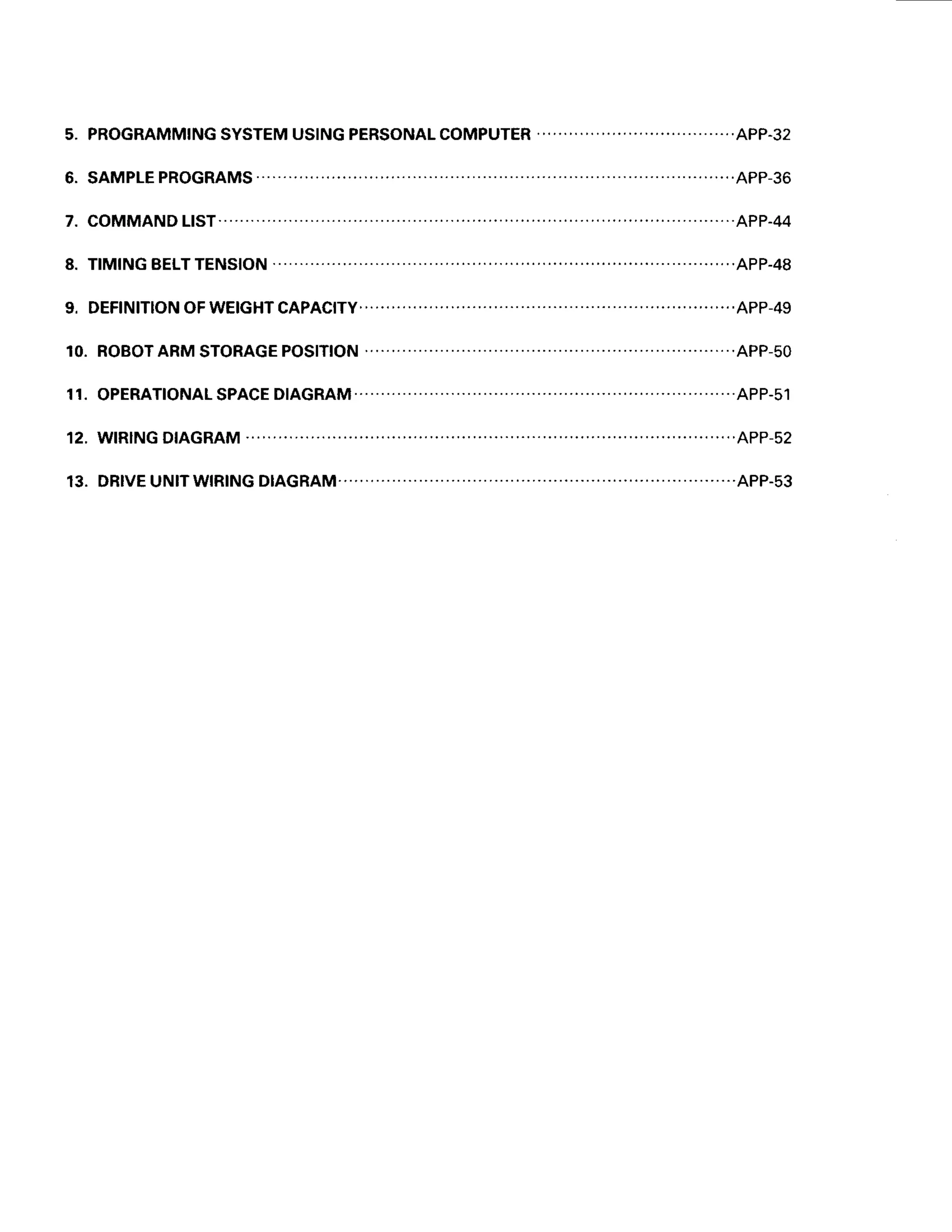 5. PROGRAMMING
SYSTEM
USING
PERSONALCOMPUTER ..............APP.32
6. SAMPLE
PROGRAMS........... .-.......App-36
7. COMMANDL|ST.........
.. ..... .........APP-44
8. TtMtNG
BELT
TENSTON .............
....APP-48
9. DEF|N|TIONOFWE|GHTCAPAC|rY
............. . .. ...App-49
10. ROBOTARMSTORAGEPOS|T|ON.............. .'.-.....APP-50
11.OPERATTONALSPACEDTAGRAM........ '. ".'..'......'APP-51
1 2 .W | R I N G D T A G R A M . . . . . . . . ' . . . . . . . . . . . . A P P - 5 2
13. DRTVE
UN|TWtRtNG
D|AGRAM........ ..'............'....APP-53
 