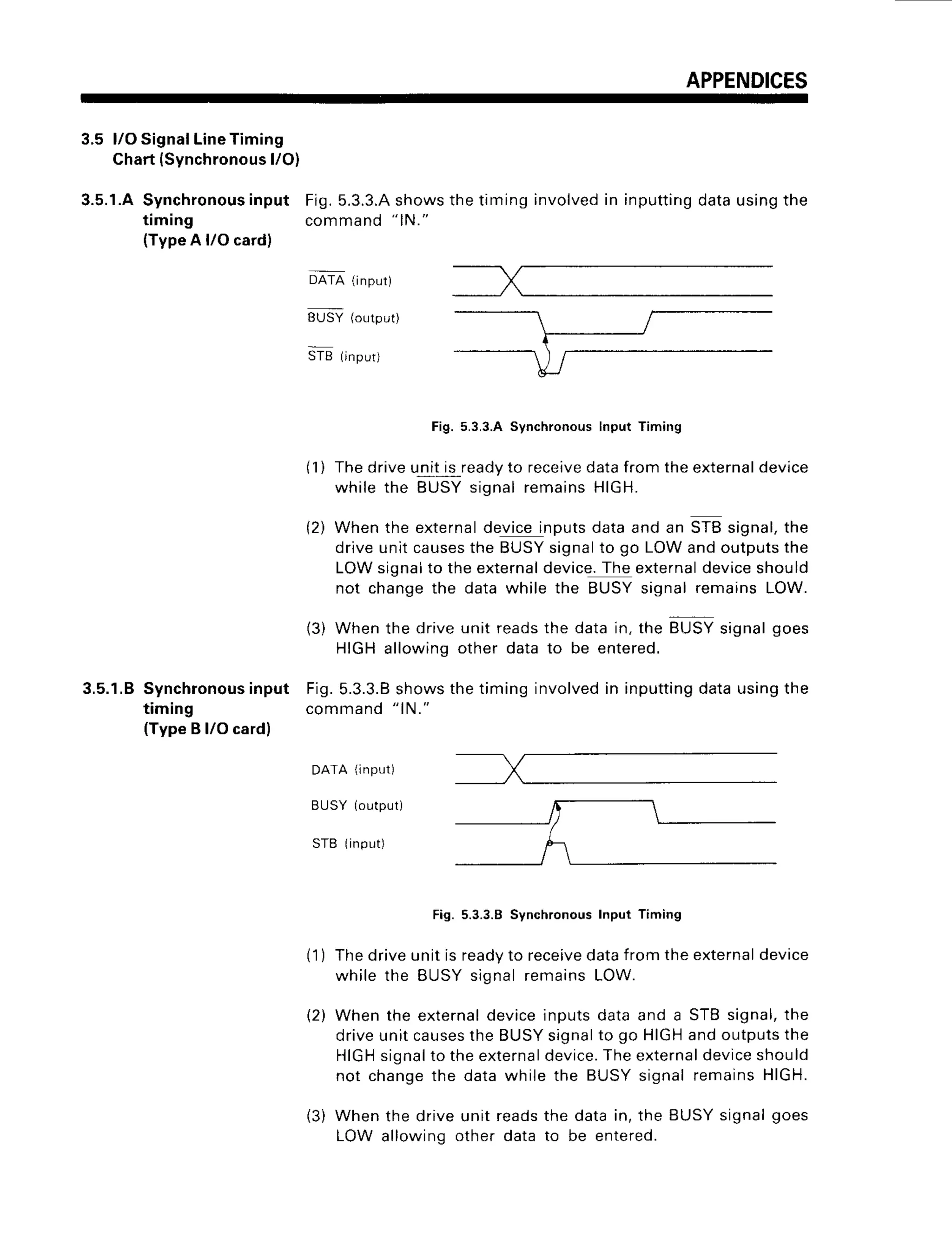 APPENDICES
3.5 l/OSignalLineTiming
Chart(Synchronous
l/O)
3.5.1.ASynchronous
input
timing
(TypeA l/O card)
inputtirrg
datausingthe
DATA(inpLrt)
BUSY(output)
STB(input)
( 1 )
Fig. 5.3.3.A Synchronous Input Timing
The drive unit is readyto receivedatafrom the externaldevice
while the BUSY signal remainsHIGH.
When the externaldevice inputs data and an STB signal,the
drive unit causesthe BUSYsignalto go LOW and outputsthe
LOW signalto the externaldevice.The externaldeviceshould
not change the data while the BUSY signal remains LOW.
When the drive unit readsthe data in, the BUSY signal goes
HIGH allowinq other data to be entered.
3.5.1.BSynchronous
input Fig.5.3.3.8
showsthetiminginvolved
in inputting
datausingthe
timing command"1N."
(TypeB l/O card)
DATA(input)
BUSY(output)
STB(input)
Fig.5.3.3.8
Synchronous
InputTiming
The drive unit is readyto receivedatafrom the externaldevtce
wh;le the BUSY signal remainsLOW.
When the externaldevice inputs data and a STB signal,the
driveunit causes
the BUSYsignalto go HIGHand outputsthe
HIGHsignalto the externaldevice.The externaldeviceshould
not changethe data while the BUSY signal remainsHIGH.
(21
(3)
Fig.5.3.3.4shows the timing involvedin
command
"lN."
( 1 )
(3) When the drive unit readsthe data in, the BUSY signal goes
LOW allowing other data to be entered.
t2)
 