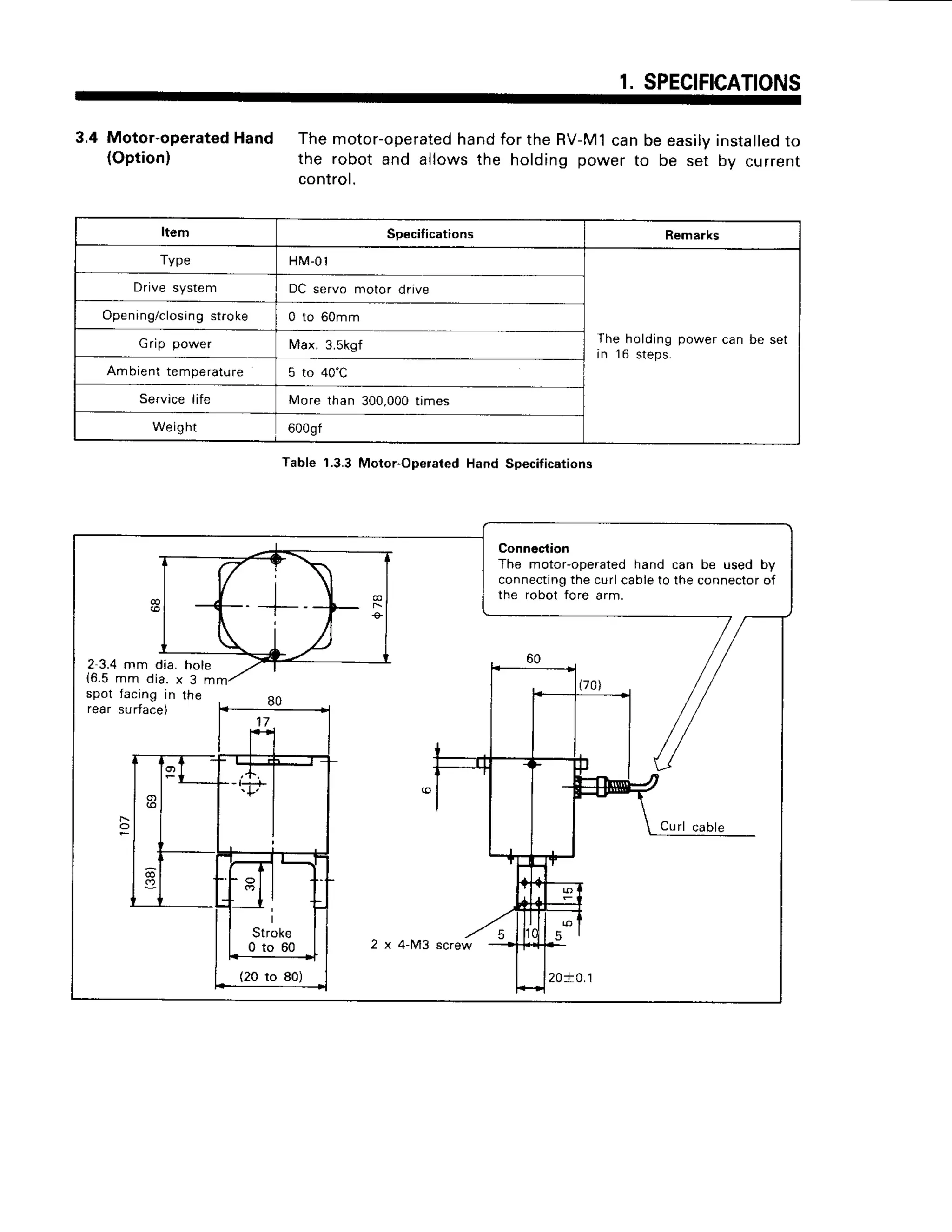 1.SPECIFICATIONS
3.4 Motor-operated
Hand
(Option)
Themotor-operated
handfor the RV-M1
canbeeasilyinstalled
to
the robot and allowsthe holdingpower to be set by current
control.
Item Specifications Remarks
Type HM-01
The holding power can be set
in 16 steps.
Drivesystem DC servo motor drive
Opening/closing
stroke 0 to 60mm
Grip power M a x . 3 . s k g f
Ambienttemperature 5 to 40"C
Service life More than 300,000
times
Weight 6009f
Table 1.3.3 Motor-Opeiated Hand Specifications
Conneciion
The motor-operated hand can be used by
connectingthe curl cable to the connector of
the robot fore arm.
2-3.4mm dia. hole
{6.5 mm dia. x 3
spot facing in the
rear surface)
2 x 4-M3
1'l
n
o l
;r--,t -
mr-'.
- l I
- t
I
Stroke
0 t o 6 0
(20 to 80)
 