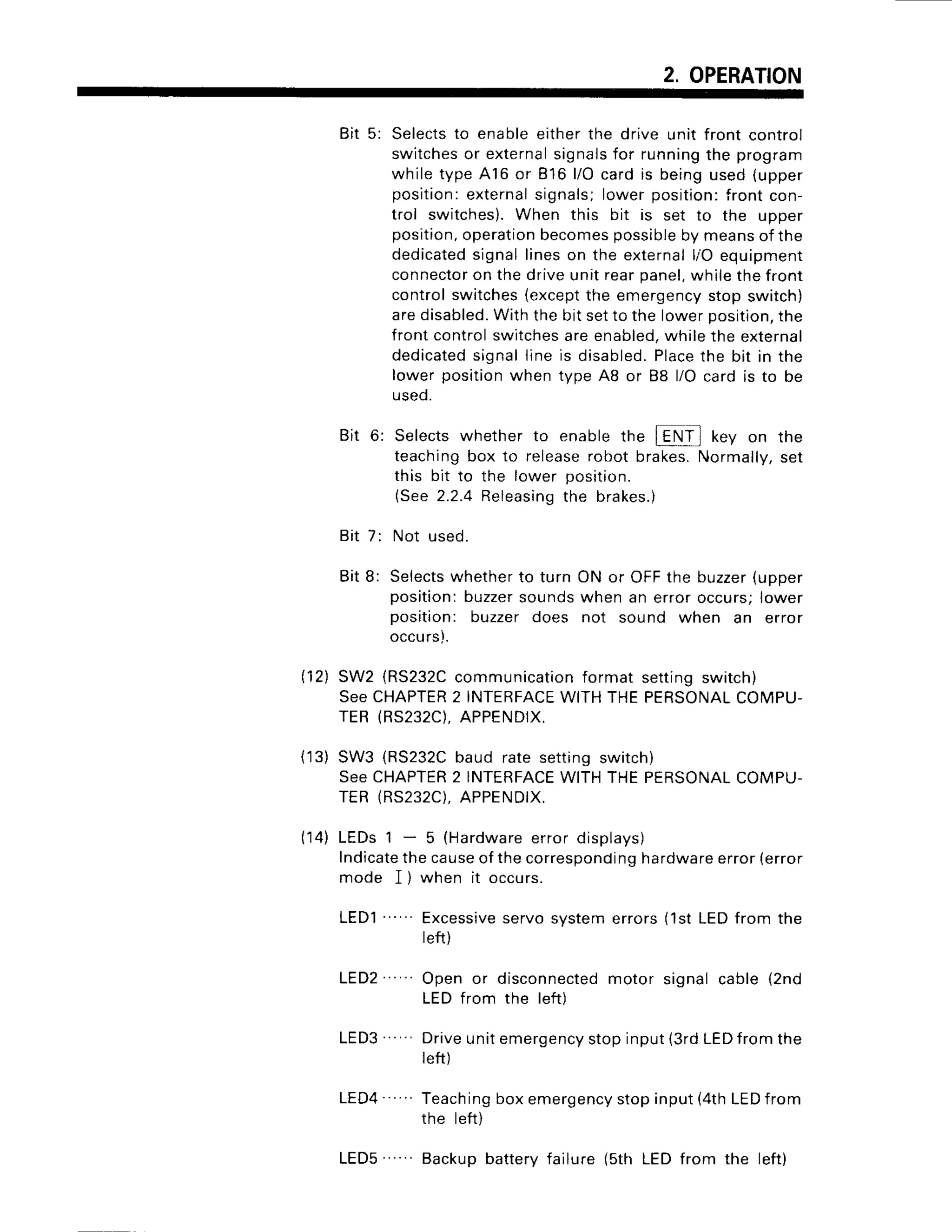 2. OPERATION
Bit 5: Selects
to enableeitherthe drive unit front control
switches
or external
signals
for runningthe program
whiletypeA16 or 816 l/Ocardis beingused(upper
position:external
signals;lowerposition:front con-
trol switches).
When this bit is set to the uDoer
position.
operation
becomes
possible
by meansof the
dedicated
signallineson the external
liO equipment
connector
on thedriveunitrearpanel,
whilethefront
controlswitches
(except
the emergency
stopswitch)
aredisabled.
Withthebitsetto thelowerposition,
the
frontcontrolswitches
areenabled,
whilethe external
dedicated
signallineis disabled.
Place
the bit in the
lowerpositionwhen tyfleA8 or 88 l/Ocardis to be
useo.
Bit 6: Selectswhetherto enabletf'e Sl] key on the
teachingbox to release
robotbrakes.
Normally,
set
this bit to the lower position.
lsee 2.2.4Releasing
the brakes.)
Bit 7: Not used.
Bit8: Selects
whetherto turn ON or OFFthe buzzer
(upper
position:buzzer
soundswhen an erroroccurs;lower
position: buzzerdoes not sound when an error
occu
rs).
(12)SW2 (RS232C
communication
format settingswitch)
SeeCHAPTER
2INTERFACE
WITHTHEPERSONAL
COMPU-
TER(RS232C),
APPENDIX.
(13)SW3 (RS232C
baud ratesettingswitch)
SeeCHAPTER
2INTERFACE
WITHTHEPERSONAL
COMPU-
TER(RS232C),
APPENDIX.
(14)LEDs1 - 5 (Hardware
errordisplays)
Indicatethe
cause
ofthecorresponding
hardware
error(error
mode I ) when it occurs.
LEDl Excessive
servosystemerrors(1stLEDfrom the
teft)
LED2 Open or disconnected
motor signalcable(2nd
LEDfrom the left)
Driveunitemergency
stopinput(3rdLED
fromthe
left)
Teaching
boxemergency
stopinput(4thLED
from
rhe left)
Backupbatteryfailure(sth LEDfrom the left)
 
