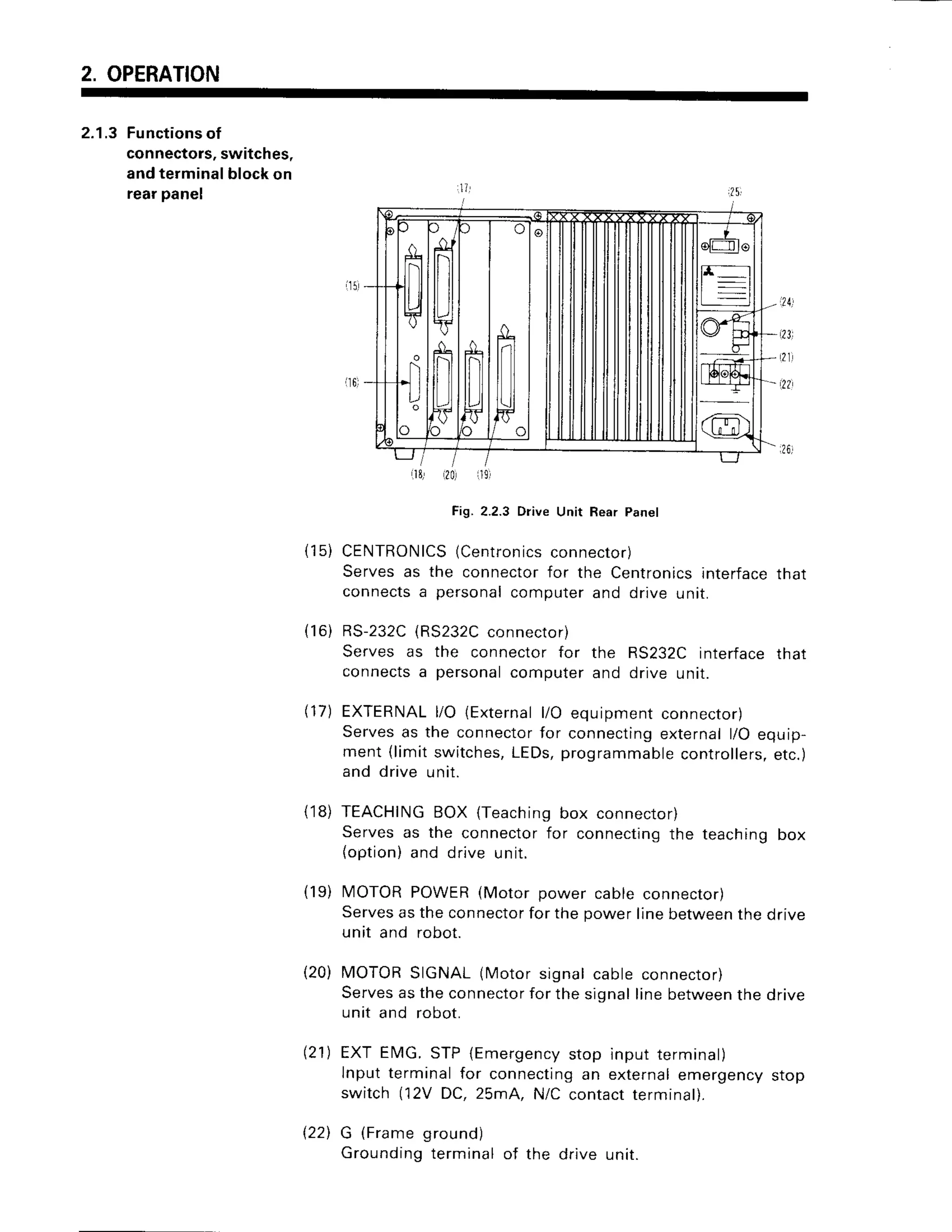 2. OPERATION
2.1.3Functions
of
connectors,
switches,
andterminalblockon
rearpanel
?41
L18r 129,
Fig.2.2.3 Drive Unit Rear panel
{15)CENTRONICS
(Centron
ics connector)
Servesas the connector
for the Centronics
interface
that
connects
a personalcomputerand drive unit.
(16) RS-232C
{RS232C
connecto
r)
Servesas the connectorfor the RS232Cinterfacethat
connects
a personal
computerand drive unit.
(17) EXTERNALl/O (Externall/O equipment connector)
Servesas the connectorfor connectingexternal l/O equip-
ment (limit switches,LEDs,programmablecontrollers,etc.)
and drive unit.
{18) TEACHINGBOX (Teachingbox connector)
Serves as the connector for connectingthe teaching box
{option)and drive unit.
i?3)
L2lr
i?7
i l 9 i
(19) MOTORPOWER
(Motorpower cable
Serves
astheconnector
forthepower
unit and robot.
(20)MOTOR
SIcNAL(Motorsignalcable
Serves
astheconnector
forthesignal
unit and robot.
connector)
line betweenthe drive
connector)
line betweenthe drive
(21)EXTElvlG.
STP(Emergency
stop input terminal)
lnput terminalfor connecting
an externalemergency
stop
switch(12VDC,25mA,N/Ccontactterminal).
(22
) G (Frame
ground)
Grounding
terminal
of the driveunit.
 