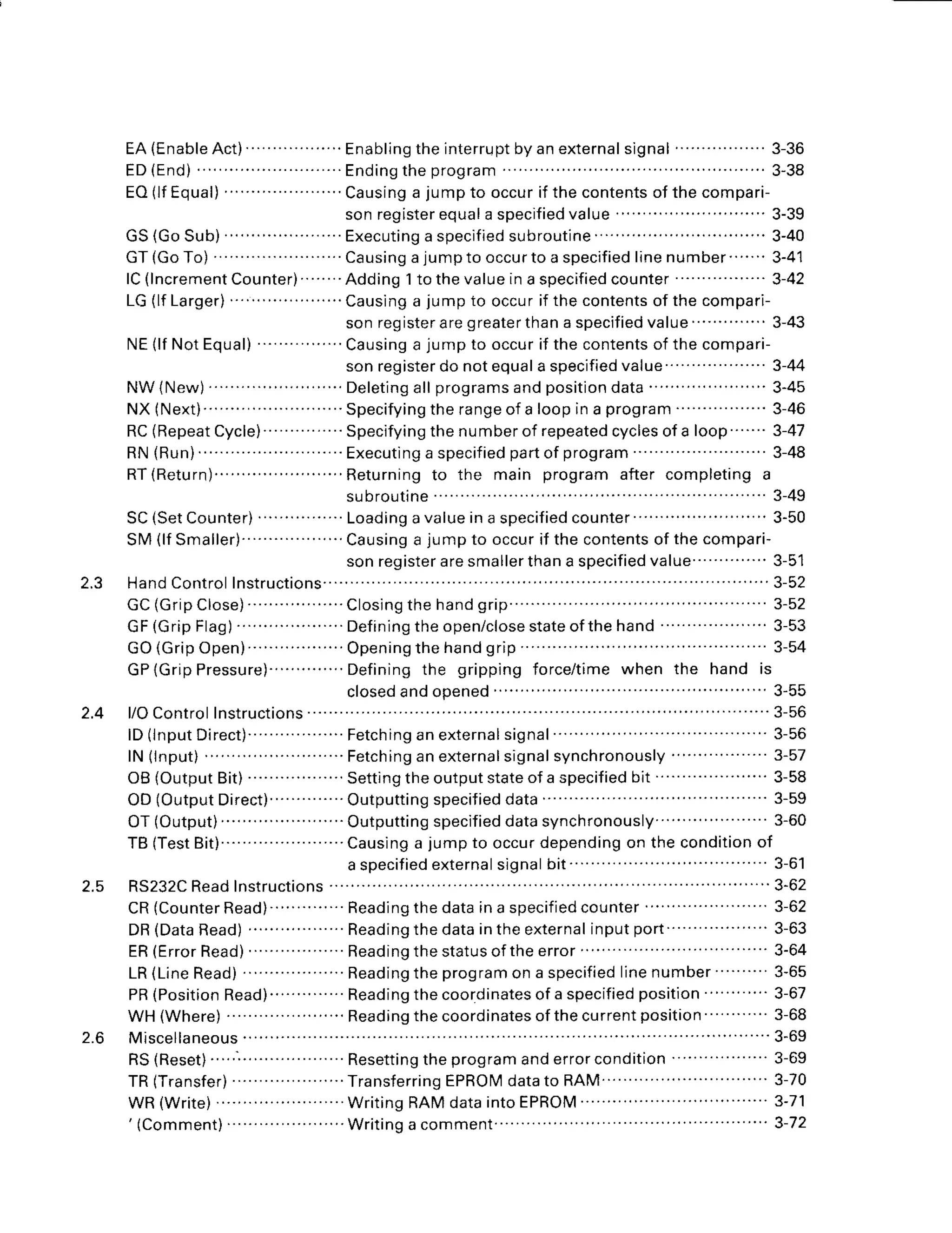 EA{Enable
Act) Enabling
theinterrupt
by anexternal
signal "" " "'
ED(End) " Ending
theprogram
EO(lfEqual) Causing
a jumpto occurif thecontents
of thecompari-
sonregister
equala specified
value " " "" " "" '
GS(GoSub) Executing
a specified
subroutine '
GT(GoTo) Causing
alumptooccurto
a specified
linenumber""'
lC(lncrement
Counter) " 'Adding1to thevalueina specified
counter"" "" " '
LG(lfLarger)
.".................
Causing
a jumpto occurif thecontents
of thecompari-
sonregister
aregreater
thana specified
value"" " " " 3-43
NEllf NotEqual) " " " Causing
a jump to occurif thecontents
of thecompari-
sonregister
do notequalaspecified
value " "" " " 3-44
NW(New) ..Deleting
allprograms
andposition
data" "" " ' 3-45
NX(Next)" " " " "" " 'Specifying
therangeof
a loopina program
" "" " ""'3-46
RC(Repeat
Cycle)' ' ' 'Specifyingthenumberof
repeated
cycles
ofa loop""'3-47
RN{Run) " "' Executing
a specified
partof prog
ram "" """""" 3-48
RT(Return)" Returningto the main program after completinga
s u b r o u t i n e " " " " " 3 - 4 9
S C ( S e t C o u n t e r )
" " ' ' ' L o a d i n g a v a l u e i n a s p e c i f i e d c o u n t e r " "
" " " " " " ' 3 - 5 0
SM(lfSmaller)" Causing
a jumpto occurif thecontents
of thecompari-
sonregister
aresmaller
thana specified
value" " " " ' 3-5i
Hand
Control
Instructions"
'. " "'3-52
GC(GripClose)
" " " " "'Closingthehandgrip "" " " "" " "" 3-52
GF(Grip
Flag)
'. ........... '. Defining
theopen/close
state
ofthehand "" " " " 3-53
G O( G r i p
O p e n )
" " " " " O p e n i n g t h e
h a n d
g r i p " " " " " " 3 - 5 4
GP(GripPressure)"
" "" " Definingthe grippingforce/timewhen the hand is
3-36
3-38
3-39
3-40
3-41
3-42
3-55
3-56
3-56
3-57
3-58
3-59
3-60
2.3
2.4
2 . 5
lD(lnput
Direct)" "" " Fetching
anexternalsignal
" " " '
lN(lnput) " Fetching
anexternalsignal
synchronously
" "" " " '
OB(OutputBit)
"" "" " " " Setting
theoutput
state
ofa specif
iedbit " "" " " "'
OD(Output
Direct)..""" " 'Outputting
specified
data " "" " "
O T ( O u t p u t )
" " " " " " ' O u t p u t t i n g
s p e c i f i e d
d a t a
s y n c h r o n o u s l y
" " " " " '
TB(Test
Bit)" " " " " "'Causinga jumpto occurdepending
on thecondition
of
a specified
external
signalbit" " "" " " "" "" " " 3-6'
RS232C
Readlnstructions " 3-62
CR(Counter
Read)"" ' Reading
thedataina specified
counter"" " " " 3-62
DR(Data
Read)"" " " " Reading
thedataintheexternal
inputport " "" ' 3-63
E R ( E r r o r R e a d )
. " " " " R e a d i n g t h e s t a t u s o f t h e
e r r o r
" " " " " " ' 3 - 6 4
LR(LineRead) Reading
theprogram
on a specified
linenumber" " " 3-65
PR(Position
Read)"- " " Reading
thecoord
inates
of a specified
position " "'3-67
WH(Where) Reading
thecoordinates
ofthecurrent
position " ' 3-68
Miscellaneous " "'3-69
RS(Reset)
TR(Transfer)
" " " Transferring
EPROM
data
to RAM "" ""'3-70
wR (write) writingRAMdataintoEPROM """""" 3-7
' ( C o m m e n t )
" " " " ' W r i t i n g
a c o m m e n t" " " ' 3 - 7 2
2.6
 