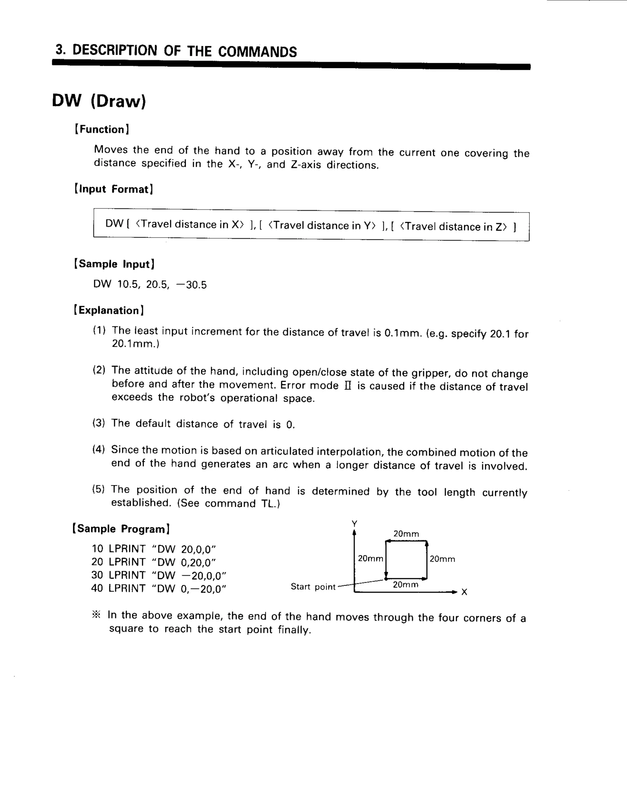 3. DESCRIPTION
OFTHECOMMANDS
DW (Draw)
(Function
I
Movesthe end of the hanoro
distancespecified
in the X-, y-
(lnput Formatl
a positionaway from the currenr
, and Z-axisdirections.
one coveringthe
(sample tnput)
DW 10.5,20.5,
-30.5
IExplanation
I
(1) Theleastinputincrement
for thedistance
of travelis o.1mm.(e.g.specify
20.1for
2 0 . 1 m m . )
Theattitude
of the hand,including
open/close
stateof the gripper,
do not change
beforeand afterthe movement.
Errormode II is causedif the distance
of travel
exceeds
the robot'soperational
space.
The defaultdistance
of travelis 0.
sincethe motionis based
on articulated
interpolation,
thecombined
motionof the
end of the hand generates
an arcwhen a longerdistance
of travelis involved.
The positionof the end of hand is determinedby the tool length currently
established.
(see commandTL.)
ISampleProgram
I
10 LPRINT
"DW 20,0,0"
20 LPRTNT
"DW 0,20,0"
30 LPRINT
"DW -20,0,0"
40 LPRINT
"DW
0,_20,0" Start
point
X In the aboveexample,
the end of the hand
squareto reachthe start point finally.
movesthroughthe four cornersof a
t2)
(3)
(4)
{s)
DW[ (Travel
distance
in X) ], [ (Travel
distance
iny) ], I (Travel
distance
in Z) I
 