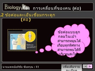 เรื่อ ง การเคลือ นที่ข องคน (ต่อ )
่

4.2 ข้อ ต่อ และเอ็น เชือ มกระดูก
่
(ต่อ )

า : นายแพทย์อ ภิช ัย ชัย ดรุณ : 11

ข้อ ต่อ แบบลูก
กลมในเบ้า
สามารถหมุนได้
เกือบทุกทิศทาง
สามารถพบได้ที่
บริเวณสะโพก
และหัวไหล่
เพิ่ม เติม ราย

 