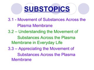 SUBSTOPICS
3.1 - Movement of Substances Across the
Plasma Membrane
3.2 – Understanding the Movement of
Substances Across the Plasma
Membrane in Everyday Life
3.3 – Appreciating the Movement of
Substances Across the Plasma
Membrane
 
