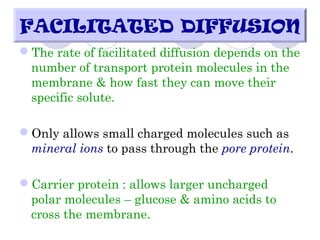 The rate of facilitated diffusion depends on the
number of transport protein molecules in the
membrane & how fast they can move their
specific solute.
Only allows small charged molecules such as
mineral ions to pass through the pore protein.
Carrier protein : allows larger uncharged
polar molecules – glucose & amino acids to
cross the membrane.
FACILITATED DIFFUSION
 