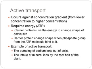 Active transport
 Occurs against concentration gradient (from lower
concentration to higher concentration)
 Requires energy (ATP)
 Carrier proteins use the energy to change shape of
active site
 Carrier protein change shape when phosphate group
from the ATP molecule bind to it.
 Example of active transport:
 The pumping of sodium ions out of cells.
 The intake of mineral ions by the root hair of the
plant.
 