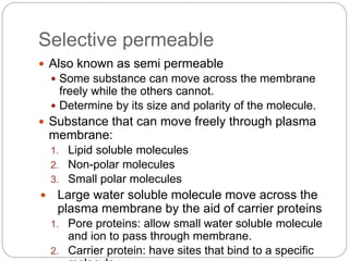 Selective permeable
 Also known as semi permeable
 Some substance can move across the membrane
freely while the others cannot.
 Determine by its size and polarity of the molecule.
 Substance that can move freely through plasma
membrane:
1. Lipid soluble molecules
2. Non-polar molecules
3. Small polar molecules
 Large water soluble molecule move across the
plasma membrane by the aid of carrier proteins
1. Pore proteins: allow small water soluble molecule
and ion to pass through membrane.
2. Carrier protein: have sites that bind to a specific
 