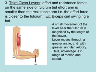 3. Third Class Levers: effort and resistance forces
on the same side of fulcrum but effort arm is
smaller than the resistance arm i.e. the effort force
is closer to the fulcrum. Ex. Biceps curl swinging a
bat.
A small movement of the
lever near the fulcrum is
magnified by the length of
the leaver.
Lever moves through a
greater angle, and with
greater angular velocity.
Thus, advantage is in
range of motion and
speed.
 