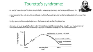 Tourette's syndrome:
• As part of a spectrum of tic disorders, includes provisional, transient and persistent (chronic) tics
• A complex disorder with onset in childhood, multiple fluctuating motor and phonic tics lasting for more than
1 year
• Involve abnormal connectivity between the basal ganglia and prefrontal cortex
• Alteration of basal ganglia function within the corticostriatal-thalamocortical circuitry and involvement of
the dopaminergic nigrostriatal pathway suggested by various imaging and post mortem studies
 