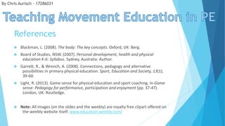 References
 Blackman, L. (2008). The body: The key concepts. Oxford, UK: Berg.
 Board of Studies, NSW. (2007). Personal development, health and physical
education K-6: Syllabus. Sydney, Australia: Author.
 Garrett, R., & Wrench, A. (2008). Connections, pedagogy and alternative
possibilities in primary physical education. Sport, Education and Society, 13(1),
39-60.
 Light, R. (2013). Game sense for physical education and sport coaching. In Game
sense: Pedagogy for performance, participation and enjoyment (pp. 37-47).
London, UK: Routledge.
 Note: All images (on the slides and the weebly) are royalty free clipart offered on
the weebly website itself. www.education.weebly.com/
By Chris Aurisch - 17286031
 