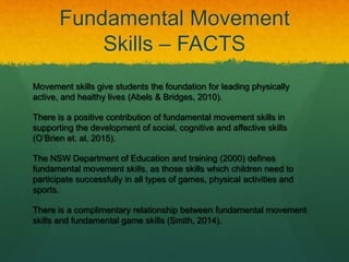 Fundamental Movement
Skills – FACTS
Movement skills give students the foundation for leading physically
active, and healthy lives (Abels & Bridges, 2010).
There is a positive contribution of fundamental movement skills in
supporting the development of social, cognitive and affective skills
(O’Brien et. al, 2015).
The NSW Department of Education and training (2000) defines
fundamental movement skills, as those skills which children need to
participate successfully in all types of games, physical activities and
sports.
There is a complimentary relationship between fundamental movement
skills and fundamental game skills (Smith, 2014).
 