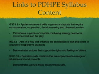 Links to PDHPE Syllabus
Content
GSS3.8 – Applies movement skills in games and sports that require
communication, cooperation, decision making and observation rules.
- Participates in games and sports combining strategy, teamwork,
movement skill and fair play.
INS3.3 – Acts in a way that enhance the contribution of self and others in
a range of cooperative situations
- Demonstrates actions that support the rights and feelings of others.
SLS3.13 – Describes safe practices that are appropriate to a range of
situations and environments.
- Demonstrates ways to make environments safe.
 
