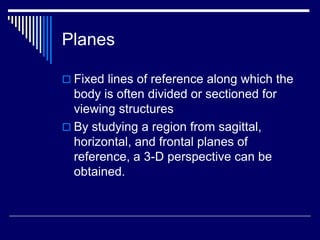 Planes
 Fixed lines of reference along which the
body is often divided or sectioned for
viewing structures
 By studying a region from sagittal,
horizontal, and frontal planes of
reference, a 3-D perspective can be
obtained.
 