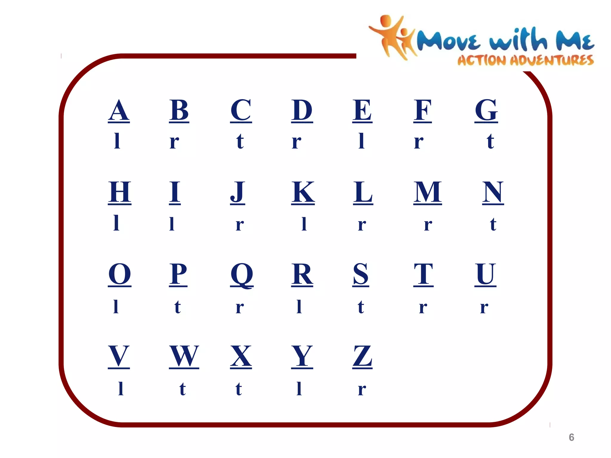 A B C D E F G
l r t r l r t
H I J K L M N
l l r l r r t
O P Q R S T U
l t r l t r r
V W X Y Z
l t t l r
6
 