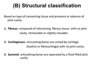 (B) Structural classification
Based on type of connecting tissue and presence or absence of
joint cavity:
1. Fibrous: composed of intervening fibrous tissue with no joint
cavity. Immovable or slightly movable.
2. Cartilaginous: articulating bones are united by cartilage
(hyaline or fibrocartilage) with no joint cavity.
3. Synovial: articulating bones are separated by a fluid-filled joint
cavity.
 