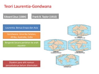 Teori Laurentia-Gondwana
Laurentia: Benua Eropa dan Asia
Gondwana: Amerika Selatan,
Afrika, Australia, India
Diyakini para ahli namun
penyebabnya belum ditemukan
Bergerak Secara perlahan ke arah
equator
 