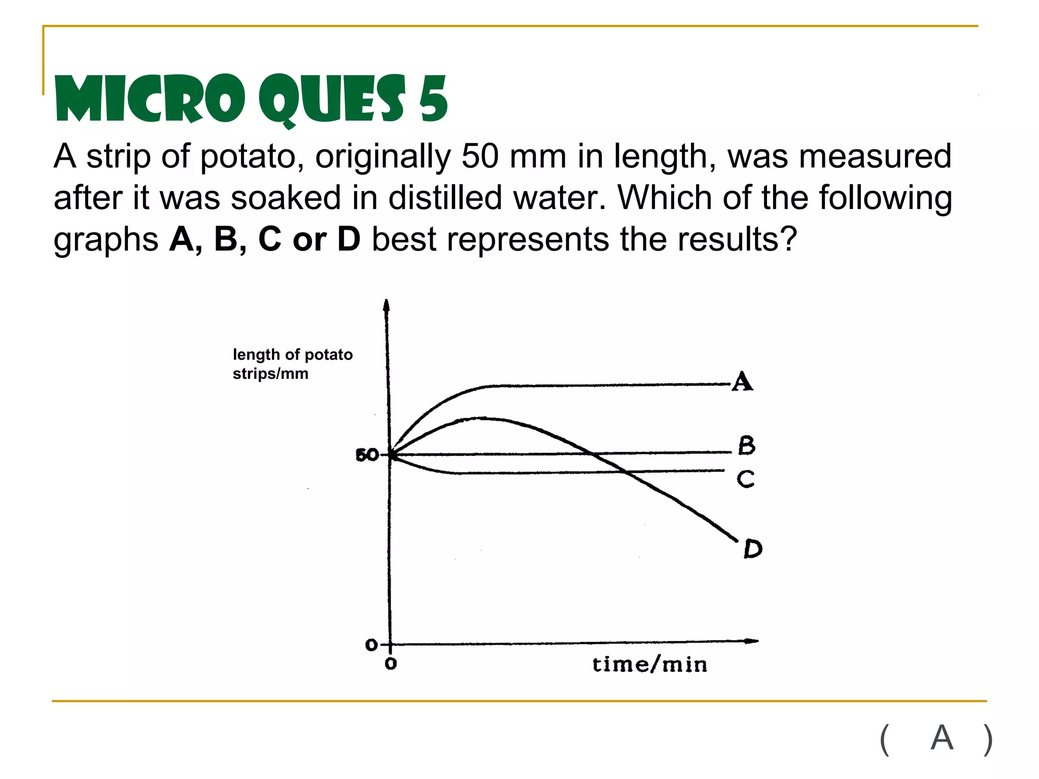 Micro Ques 5
A strip of potato, originally 50 mm in length, was measured
after it was soaked in distilled water. Which of the following
graphs A, B, C or D best represents the results?


            length of potato
            strips/mm




                                                        (   A )
 