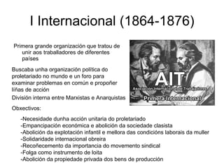 I Internacional (1864-1876) Primera grande organización que tratou de unir aos traballadores de diferentes países Buscaba unha organización política do proletariado no mundo e un foro para examinar problemas en común e propoñer líñas de acción  División interna entre Marxistas e Anarquistas Obxectivos: -Necesidade dunha acción unitaria do proletariado -Empancipación económica e abolición da sociedade clasista -Abolición da explotación infantil e mellora das condicións laborais da muller -Solidaridade internacional obreira -Recoñecemento da importancia do movemento sindical -Folga como instrumento de loita  -Abolición da propiedade privada dos bens de producción 