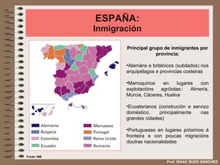 ESPAÑA: Inmigración Principal grupo de inmigrantes por provincia: Alemáns e británicos (xubilados) nos arquipélagos e provincias costeiras Marroquinos en lugares con explotacións agrćiolas:: Almería, Murcia, Cáceres, Huelva Ecuatorianos (construción e servizo doméstico, principalmente nas grandes cidades) Portugueses en lugares próximos á fronteira e con poucas migracións doutras nacionalidades Fonte: INE Prof. ISAAC BUZO SÁNCHEZ 