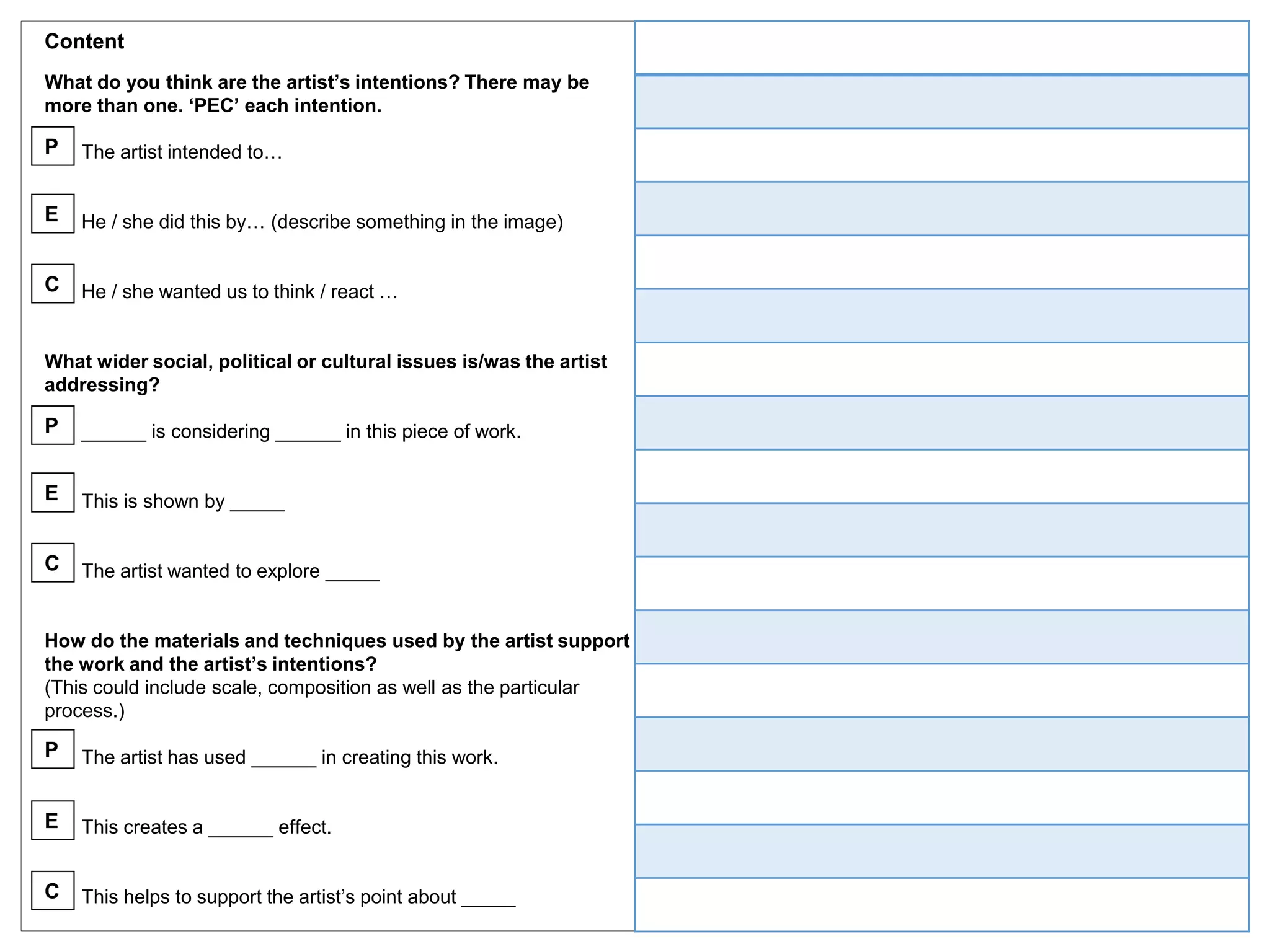 Content
What do you think are the artist’s intentions? There may be
more than one. ‘PEC’ each intention.
The artist intended to…
He / she did this by… (describe something in the image)
He / she wanted us to think / react …
What wider social, political or cultural issues is/was the artist
addressing?
______ is considering ______ in this piece of work.
This is shown by _____
The artist wanted to explore _____
How do the materials and techniques used by the artist support
the work and the artist’s intentions?
(This could include scale, composition as well as the particular
process.)
The artist has used ______ in creating this work.
This creates a ______ effect.
This helps to support the artist’s point about _____
P
E
C
P
E
C
P
E
C
 