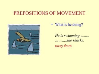 PREPOSITIONS OF MOVEMENT What is he doing? He is swimming …….. ………..the sharks . away from 