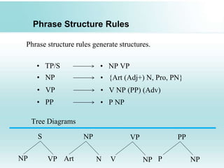 Phrase Structure Rules
• TP/S • NP VP
• NP • {Art (Adj+) N, Pro, PN}
• VP • V NP (PP) (Adv)
• PP • P NP
Tree Diagrams
S
NP VP
NP
Art N
VP
V NP
PP
P NP
Phrase structure rules generate structures.
 