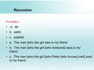 Recursion
Examples:
• a. ab
• b. aabb
• c. aaabbb
• a. The man [who the girl saw is my friend
• b. The man [who the girl [who sneezed] saw] is my
friend.
• c. The man [who the girl [who Peter [who knows] met] saw]
is my friend.
 