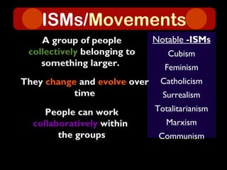 -ISMs/Movements
    A group of people         Notable -ISMs
 collectively belonging to       Cubism
    something larger.           Feminism
They change and evolve over    Catholicism
           time                 Surrealism
     People can work          Totalitarianism
  collaboratively within         Marxism
        the groups             Communism
 
