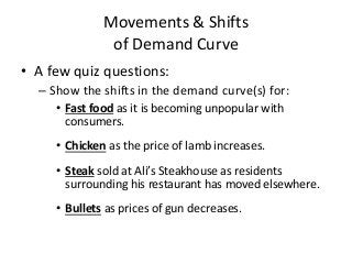 Movements & Shifts
of Demand Curve
• A few quiz questions:
– Show the shifts in the demand curve(s) for:
• Fast food as it is becoming unpopular with
consumers.
• Chicken as the price of lamb increases.
• Steak sold at Ali’s Steakhouse as residents
surrounding his restaurant has moved elsewhere.
• Bullets as prices of gun decreases.
 