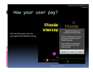 Copyright of Stream Media Pte Ltd
                                                                                (Singapore)



   How your user pay?



You can have your user try
your game first before buying




                                Private and Confidential                              11
 