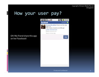 Copyright of Stream Media Pte Ltd
                                                                               (Singapore)



    How your user pay?



Oh! My friend share this app
on her Facebook!




                               Private and Confidential                              9
 