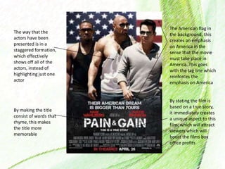 The American flag in
the background, this
creates an emphasis
on America in the
sense that the movie
must take place in
America. This goes
with the tag line which
reinforces the
emphasis on America
By making the title
consist of words that
rhyme, this makes
the title more
memorable
By stating the film is
based on a true story,
it immediately creates
a unique aspect to this
film, which will attract
viewers which will
boost the films box
office profits
The way that the
actors have been
presented is in a
staggered formation,
which effectively
shows off all of the
actors, instead of
highlighting just one
actor
 