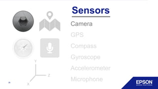 26
Y
Z
X
Sensors
Camera
GPS
Compass
Gyroscope
Accelerometer
Microphone
 