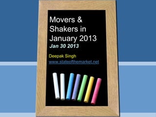 Movers &
Shakers in
January 2013
Jan 30 2013
Deepak Singh
www.stateofthemarket.net
 