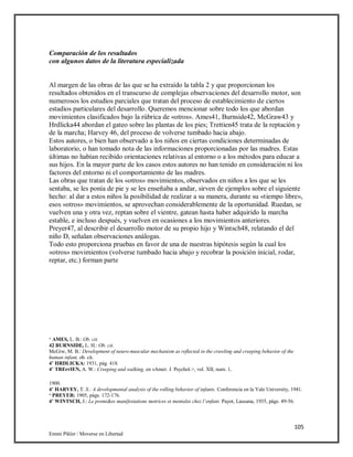 105
Emmi Pikler / Moverse en Libertad
Comparación de los resultados
con algunos datos de la literatura especializada
Al margen de las obras de las que se ha extraído la tabla 2 y que proporcionan los
resultados obtenidos en el transcurso de complejas observaciones del desarrollo motor, son
numerosos los estudios parciales que tratan del proceso de establecimiento de ciertos
estadios particulares del desarrollo. Queremos mencionar sobre todo los que abordan
movimientos clasificados bajo la rúbrica de «otros». Ames41, Burnside42, McGraw43 y
Hrdlicka44 abordan el gateo sobre las plantas de los pies; Trettien45 trata de la reptación y
de la marcha; Harvey 46, del proceso de volverse tumbado hacia abajo.
Estos autores, o bien han observado a los niños en ciertas condiciones determinadas de
laboratorio, o han tomado nota de las informaciones proporcionadas por las madres. Estas
últimas no habían recibido orientaciones relativas al entorno o a los métodos para educar a
sus hijos. En la mayor parte de los casos estos autores no han tenido en consideración ni los
factores del entorno ni el comportamiento de las madres.
Las obras que tratan de los «otros» movimientos, observados en niños a los que se les
sentaba, se les ponía de pie y se les enseñaba a andar, sirven de ejemplos sobre el siguiente
hecho: al dar a estos niños la posibilidad de realizar a su manera, durante su «tiempo libre»,
esos «otros» movimientos, se aprovechan considerablemente de la oportunidad. Ruedan, se
vuelven una y otra vez, reptan sobre el vientre, gatean hasta haber adquirido la marcha
estable, e incluso después, y vuelven en ocasiones a los movimientos anteriores.
Preyer47, al describir el desarrollo motor de su propio hijo y Wintsch48, relatando el del
niño D, señalan observaciones análogas.
Todo esto proporciona pruebas en favor de una de nuestras hipótesis según la cual los
«otros» movimientos (volverse tumbado hacia abajo y recobrar la posición inicial, rodar,
reptar, etc.) forman parte
‘ AMES, L. B.: Ob. cit.
42 BURNSIDE, L. H.: Ob. cit.
McGiw, M. B.: Development of neuro-muscular mechanism as reflected in the crawling and creeping behavior of the
human infant, ob. cit.
4’ HRDLICKA: 1931, pág. 418.
4’ TRErrIEN, A. W.: Creeping and walking, en «Amer. J. Psychol.>, vol. XII, num. 1,
1900.
4’ HARVEY, T. S.: A developmental analysis of ihe rolling behavior of infants. Conferencia en la Yale University, 1941.
‘ PREYER: 1905, págs. 172-176.
4’ WINTSCH, J.: Le premi&es manifestations motrices et mentales chez l’enfant. Payot, Lausana, 1935, págs. 49-56.
 